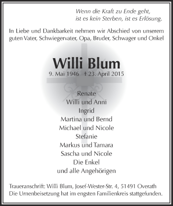 Anzeige von Willi Blum von  Bergisches Handelsblatt 