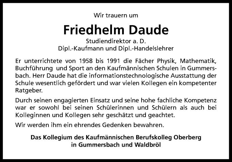  Traueranzeige für Friedhelm Daude vom 30.09.2015 aus Kölner Stadt-Anzeiger / Kölnische Rundschau / Express