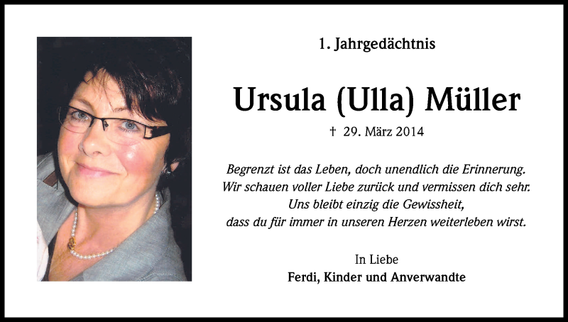  Traueranzeige für Ursula Müller vom 28.03.2015 aus Kölner Stadt-Anzeiger / Kölnische Rundschau / Express