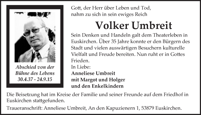  Traueranzeige für Volker Umbreit vom 22.11.2015 aus  Blickpunkt Euskirchen 