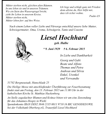 Anzeige von Liesel Hochhard von Kölner Stadt-Anzeiger / Kölnische Rundschau / Express