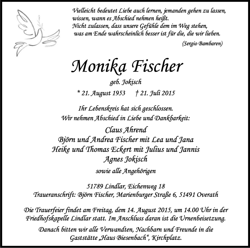  Traueranzeige für Monika Fischer vom 01.08.2015 aus Kölner Stadt-Anzeiger / Kölnische Rundschau / Express