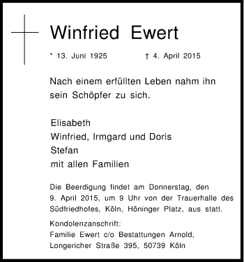 Anzeige von Winfried Ewert von Kölner Stadt-Anzeiger / Kölnische Rundschau / Express