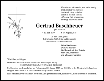Anzeige von Gertrud Buschheuer von Kölner Stadt-Anzeiger / Kölnische Rundschau / Express