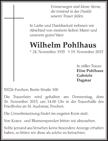Anzeige von Wilhelm Pohlhaus von  Sonntags-Post 