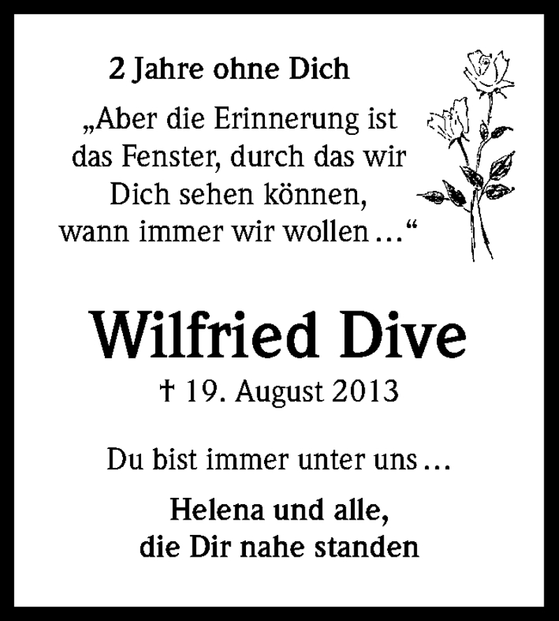  Traueranzeige für Wilfried Dive vom 19.08.2015 aus Kölner Stadt-Anzeiger / Kölnische Rundschau / Express