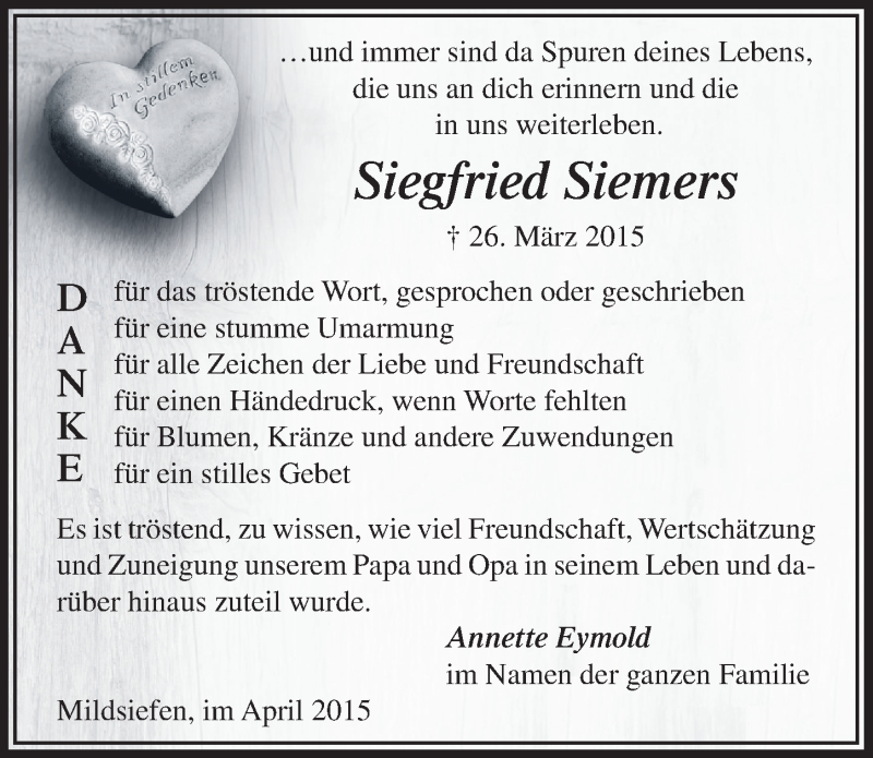  Traueranzeige für Siegfried Siemers vom 29.04.2015 aus  Lokalanzeiger 