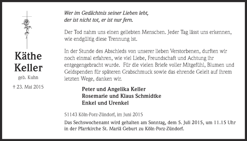  Traueranzeige für Käthe Keller vom 01.07.2015 aus  Kölner Wochenspiegel 