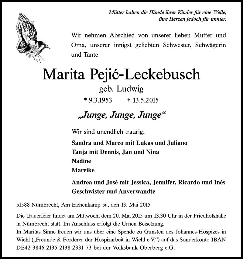  Traueranzeige für Marita Pejic-Leckebusch vom 16.05.2015 aus Kölner Stadt-Anzeiger / Kölnische Rundschau / Express