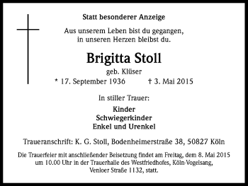 Anzeige von Brigitta Stoll von Kölner Stadt-Anzeiger / Kölnische Rundschau / Express