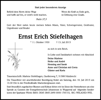 Anzeige von Ernst Erich Stiefelhagen von Kölner Stadt-Anzeiger / Kölnische Rundschau / Express