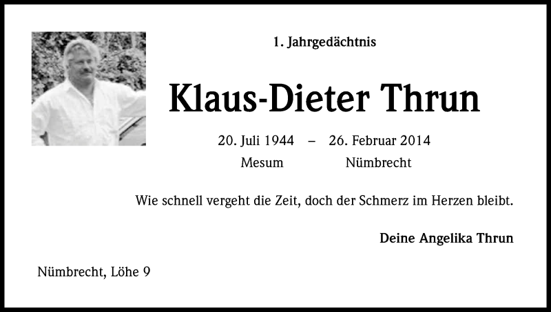  Traueranzeige für Klaus-Dieter Thrun vom 19.02.2015 aus Kölner Stadt-Anzeiger / Kölnische Rundschau / Express
