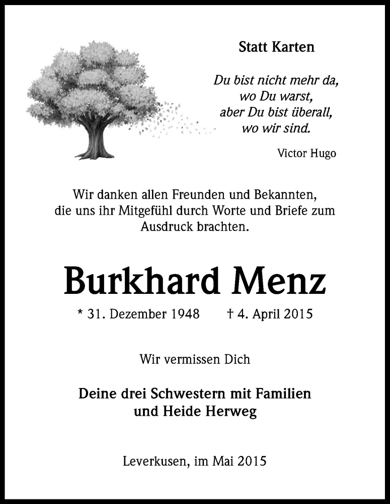  Traueranzeige für Burkhard Menz vom 16.05.2015 aus Kölner Stadt-Anzeiger / Kölnische Rundschau / Express