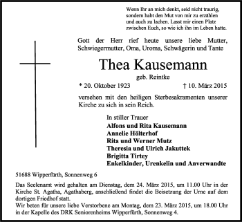 Anzeige von Thea Kausemann von Kölner Stadt-Anzeiger / Kölnische Rundschau / Express