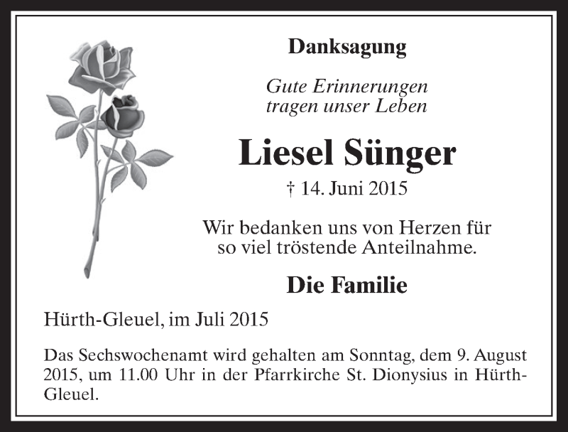  Traueranzeige für Liesel Sünger vom 15.07.2015 aus  Wochenende 
