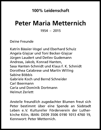 Anzeige von Peter Maria Metternich von Kölner Stadt-Anzeiger / Kölnische Rundschau / Express