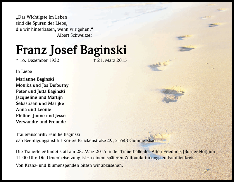  Traueranzeige für Franz Josef Baginski vom 25.03.2015 aus Kölner Stadt-Anzeiger / Kölnische Rundschau / Express
