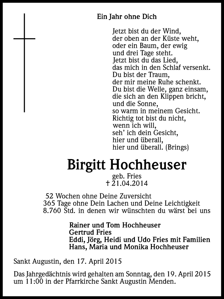  Traueranzeige für Birgitt Hochheuser vom 17.04.2015 aus Kölner Stadt-Anzeiger / Kölnische Rundschau / Express