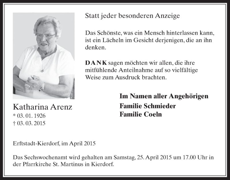  Traueranzeige für Katharina Arenz vom 15.04.2015 aus  Werbepost 