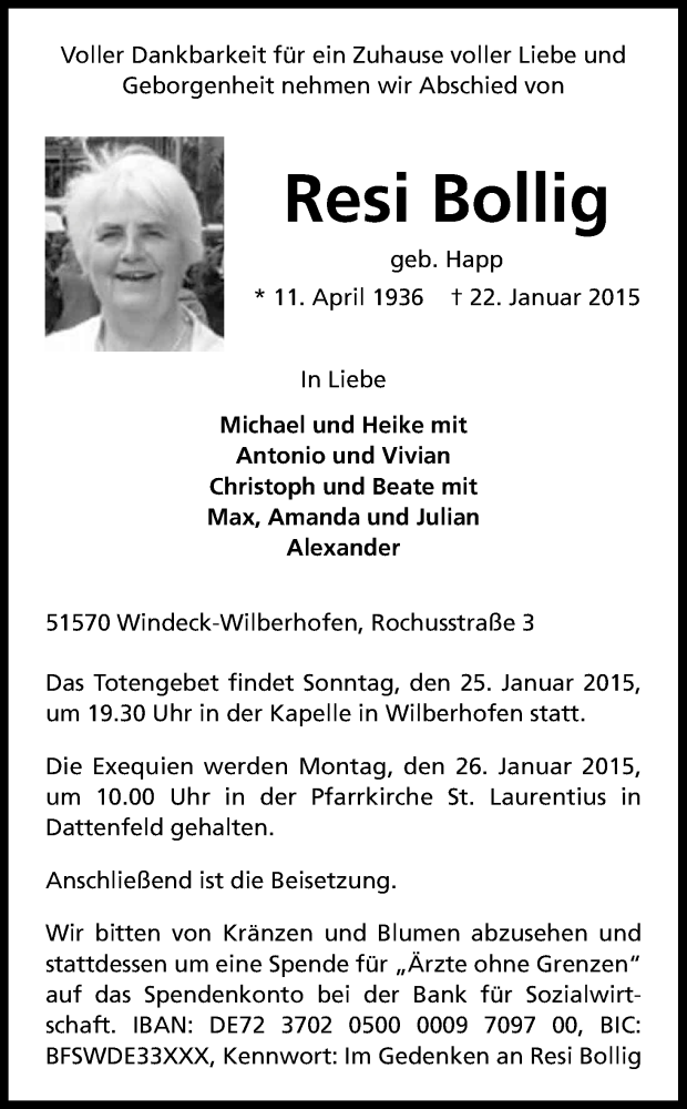  Traueranzeige für Resi Bollig vom 24.01.2015 aus Kölner Stadt-Anzeiger / Kölnische Rundschau / Express