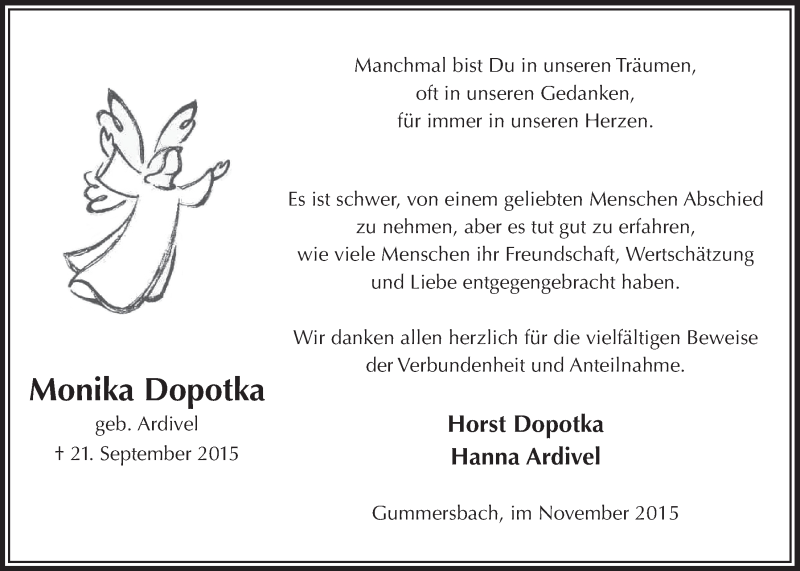  Traueranzeige für Monika Dopotka vom 18.11.2015 aus  Anzeigen Echo 