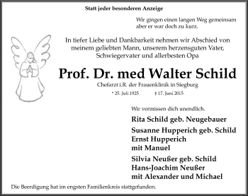 Anzeige von Walter Schild von Kölner Stadt-Anzeiger / Kölnische Rundschau / Express