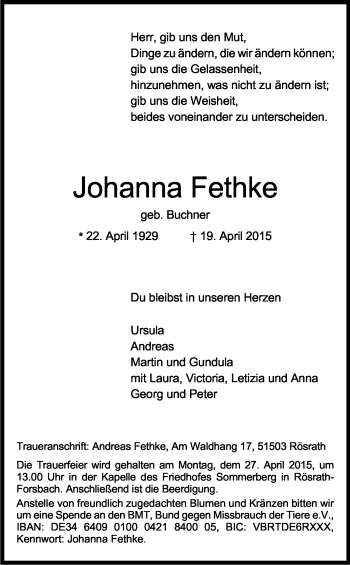 Anzeige von Johanna Fethke von Kölner Stadt-Anzeiger / Kölnische Rundschau / Express