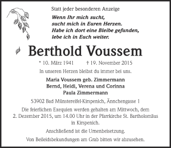 Anzeige von Berthold Voussem von  Blickpunkt Euskirchen 