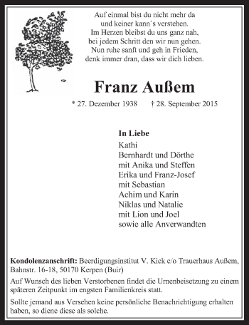 Anzeige von Franz Außem von  Werbepost 