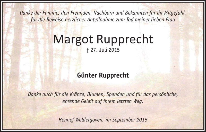  Traueranzeige für Margot Rupprecht vom 09.09.2015 aus  Extra Blatt 