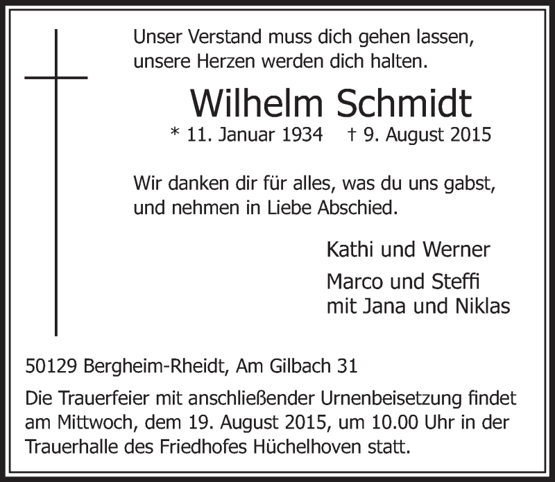  Traueranzeige für Wilhelm Schmidt vom 15.08.2015 aus  Sonntags-Post 