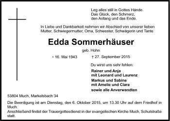 Anzeige von Edda Sommerhäuser von Kölner Stadt-Anzeiger / Kölnische Rundschau / Express