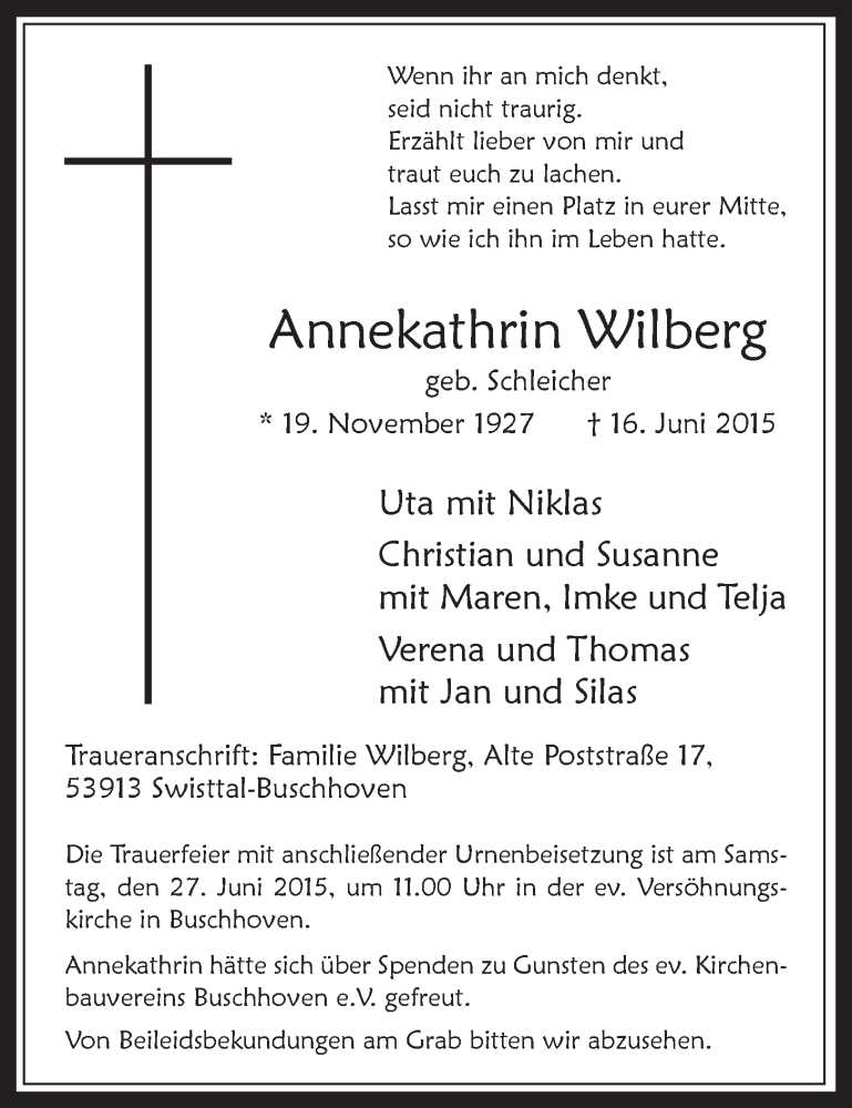  Traueranzeige für Annekathrin Wilberg vom 24.06.2015 aus  Schaufenster/Blickpunkt 