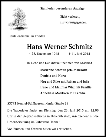 Anzeige von Hans Werner Schmitz von Kölner Stadt-Anzeiger / Kölnische Rundschau / Express