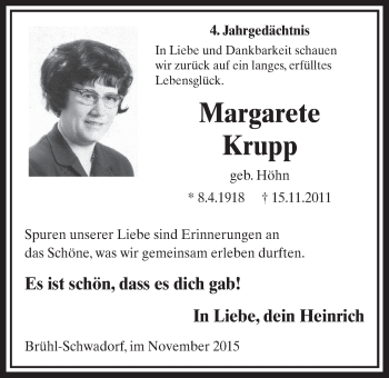 Anzeige von Margarete Krupp von  Schlossbote/Werbekurier 