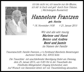 Anzeige von Hannelore Frantzen von Kölner Stadt-Anzeiger / Kölnische Rundschau / Express