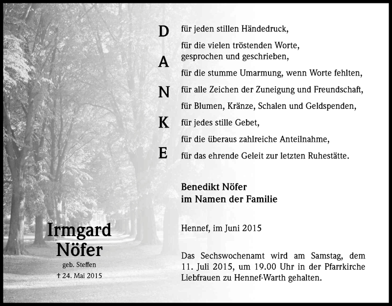  Traueranzeige für Irmgard Nöfer vom 27.06.2015 aus Kölner Stadt-Anzeiger / Kölnische Rundschau / Express