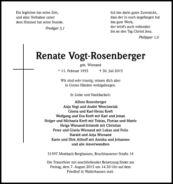Anzeige von Renate Vogt-Rosenberger von Kölner Stadt-Anzeiger / Kölnische Rundschau / Express