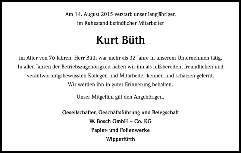  Traueranzeige für Kurt Büth vom 22.08.2015 aus Kölner Stadt-Anzeiger / Kölnische Rundschau / Express