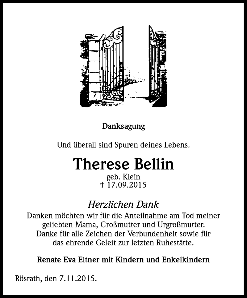  Traueranzeige für Therese Bellin vom 07.11.2015 aus Kölner Stadt-Anzeiger / Kölnische Rundschau / Express