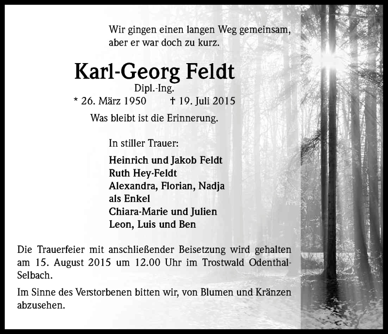  Traueranzeige für Karl-Georg Feldt vom 01.08.2015 aus Kölner Stadt-Anzeiger / Kölnische Rundschau / Express