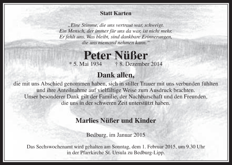  Traueranzeige für Peter Nüßer vom 21.01.2015 aus  Werbepost 
