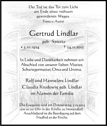 Anzeige von Gertrud Lindlar von Kölner Stadt-Anzeiger / Kölnische Rundschau / Express
