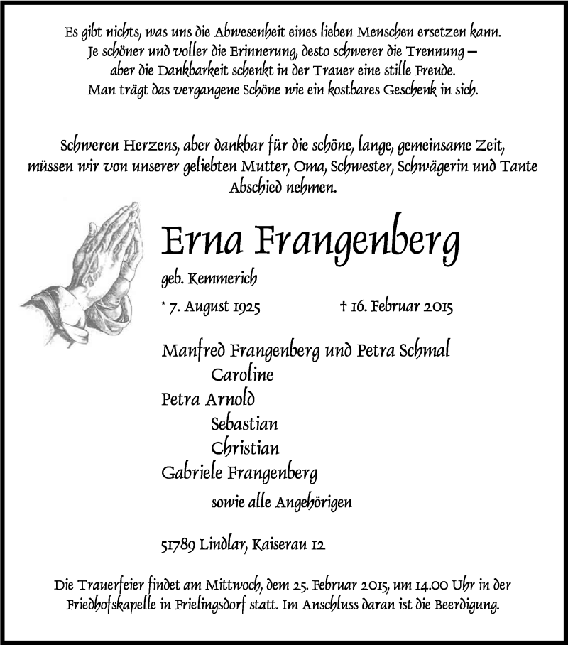  Traueranzeige für Erna Frangenhero vom 21.02.2015 aus Kölner Stadt-Anzeiger / Kölnische Rundschau / Express