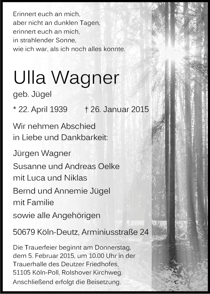  Traueranzeige für Ulla Wagner vom 31.01.2015 aus Kölner Stadt-Anzeiger / Kölnische Rundschau / Express