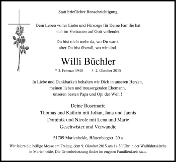 Anzeige von Willi Büchler von Kölner Stadt-Anzeiger / Kölnische Rundschau / Express