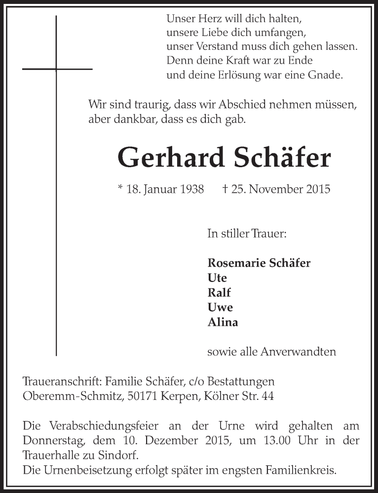  Traueranzeige für Gerhard Schäfer vom 05.12.2015 aus  Sonntags-Post 