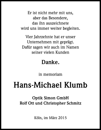 Anzeige von Hans-Michael Klumb von Kölner Stadt-Anzeiger / Kölnische Rundschau / Express