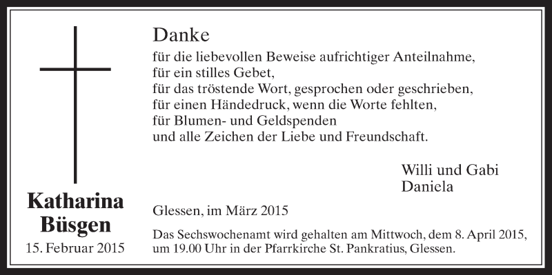 Traueranzeige für Katharina Büsgen vom 01.04.2015 aus  Werbepost 