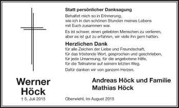 Anzeige von Werner Höck von  Anzeigen Echo  Lokalanzeiger 